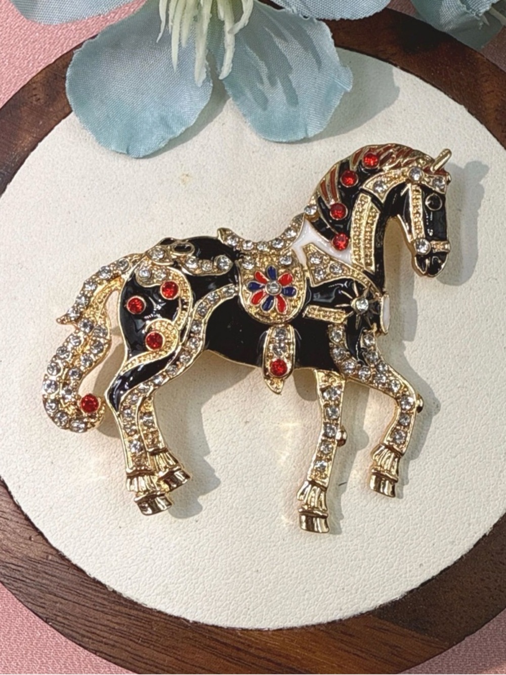 2.5” x 2” Gold Toned Black Enamel Horse Brooch with Red and Clear Rhinestones
